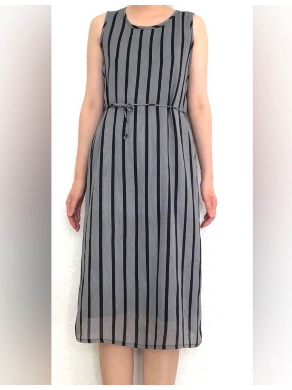Vintage 1990's possessed gray black stripe sleeveless midi dress, small